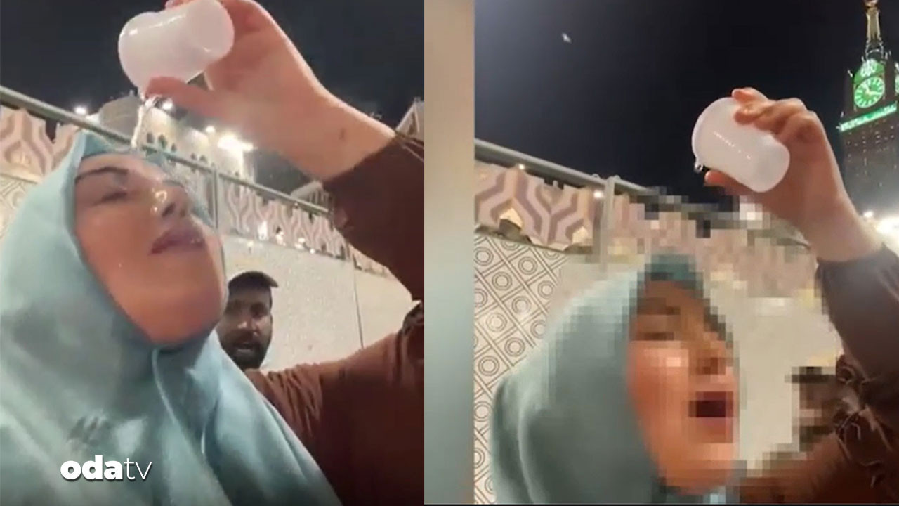 Zemzem suyunu yüzüne döktü: Arkadaki şaşkınlıkla izledi